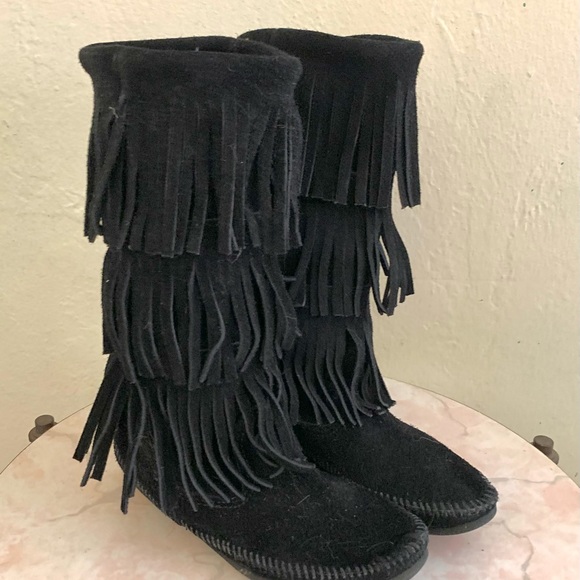 Black suede fringe boot size 6 boho festival boots - Picture 2 of 8